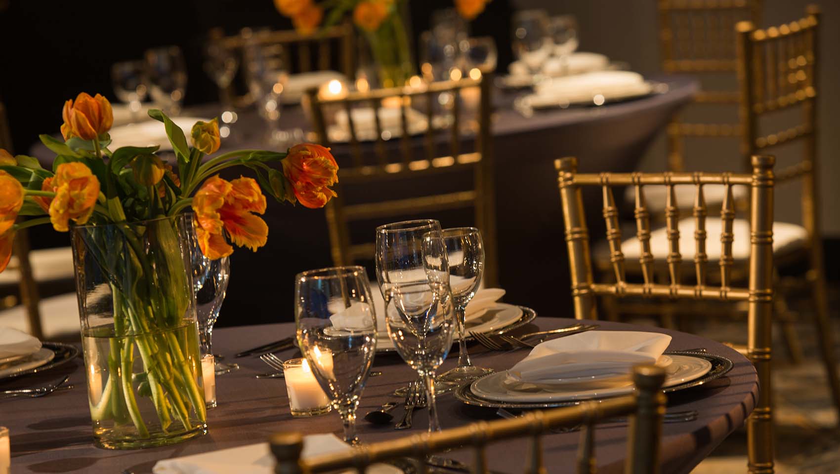 closeup up of wedding reception table with flowers